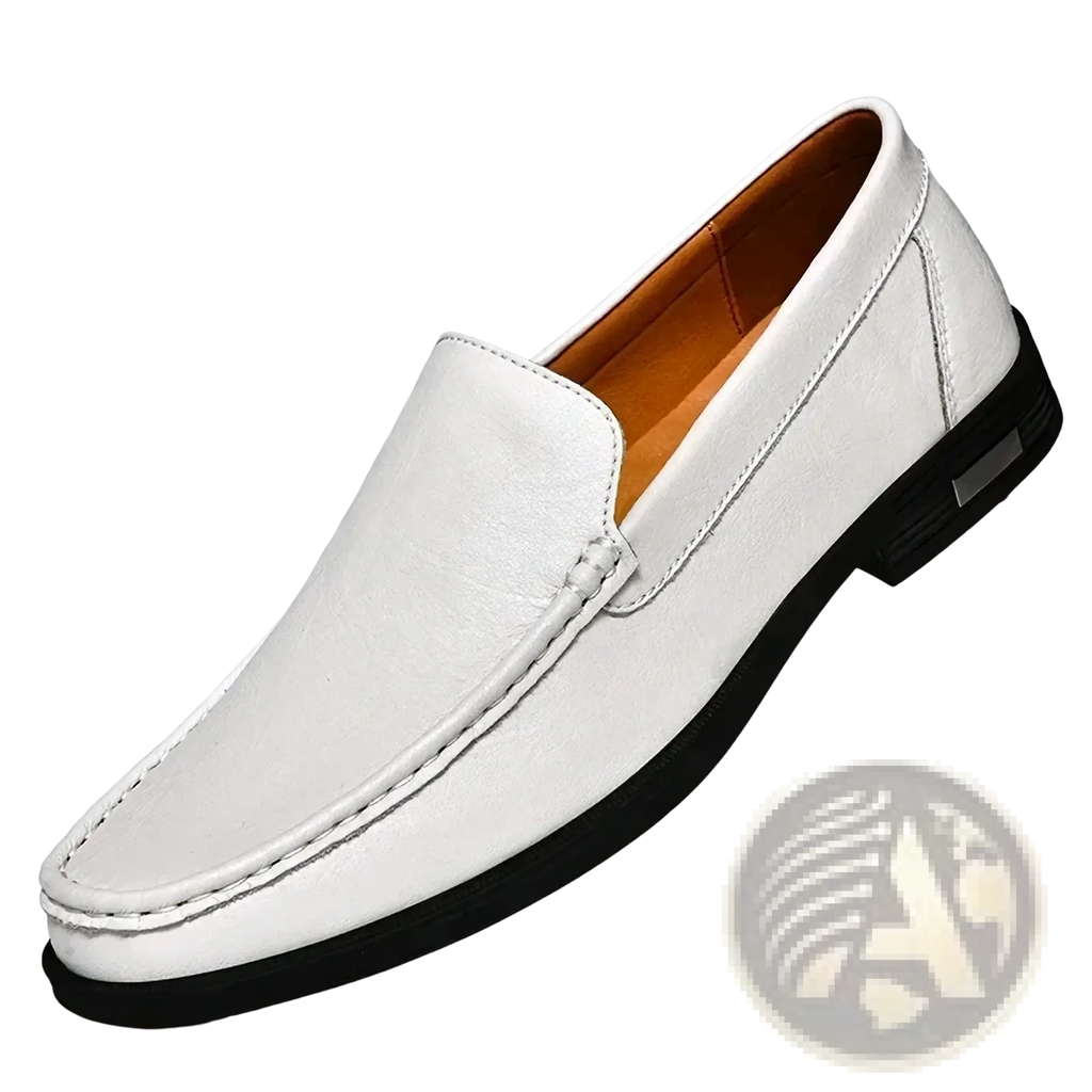 Men genuine leather slip-on dress loafer in white with black rubber sole and tan interior lining