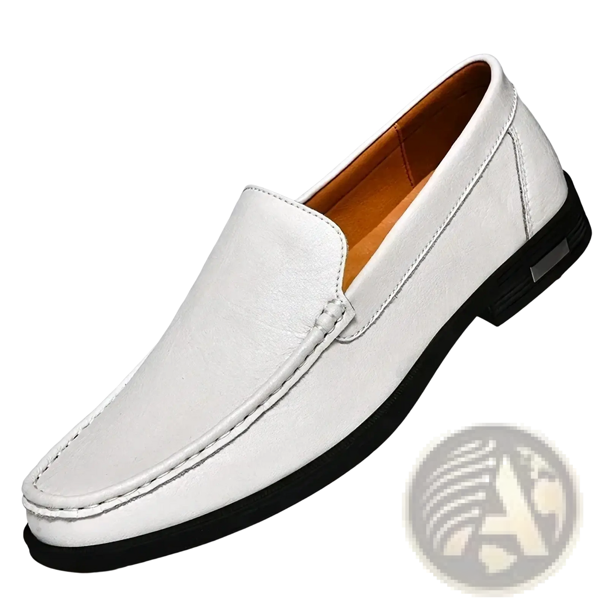 Men genuine leather slip-on dress loafer in white with black rubber sole and tan interior lining