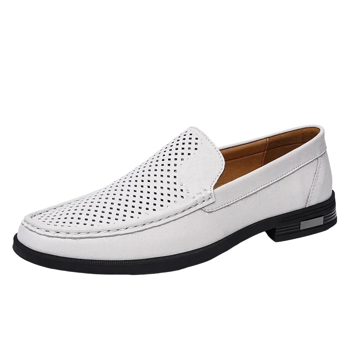Men genuine leather slip-on dress loafers in white with perforated leather, black rubber sole, and stitched detailing