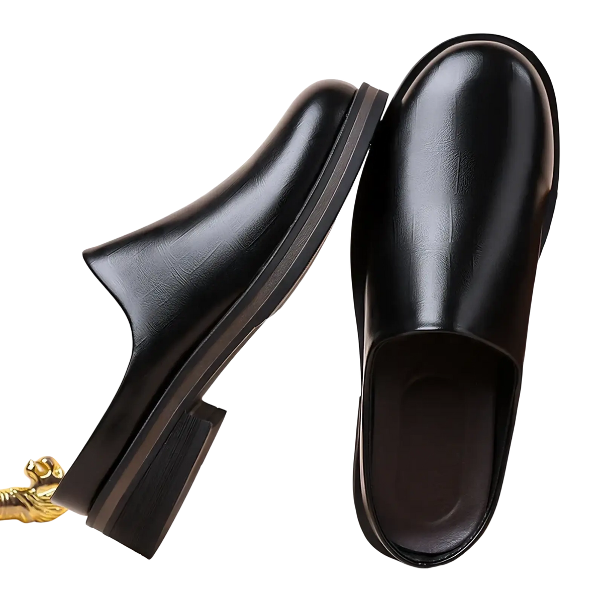 Men genuine leather slip-on mule shoes in black with low block heel and smooth glossy finish
