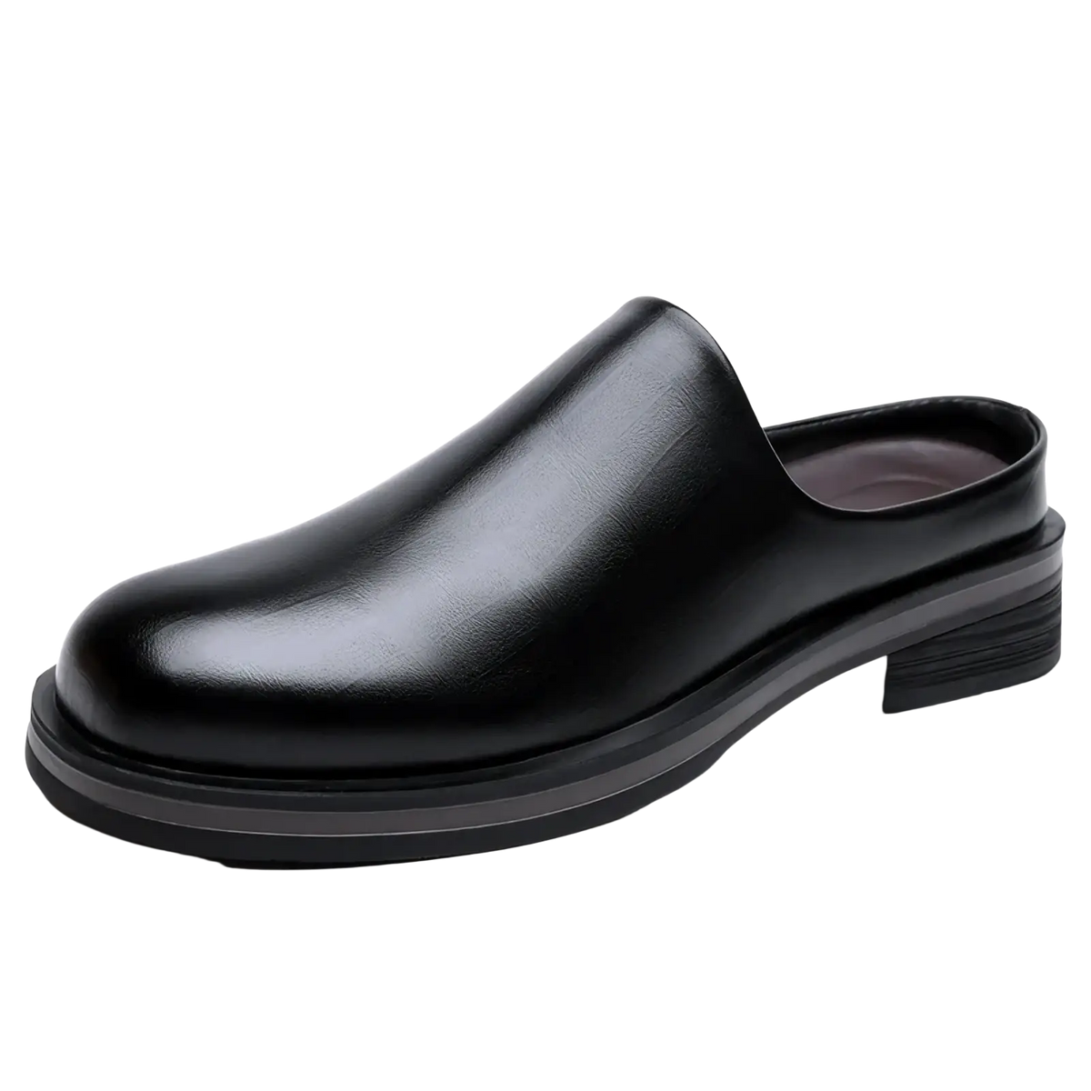 Black leather men genuine leather slip-on mule shoe with low block heel and smooth glossy finish