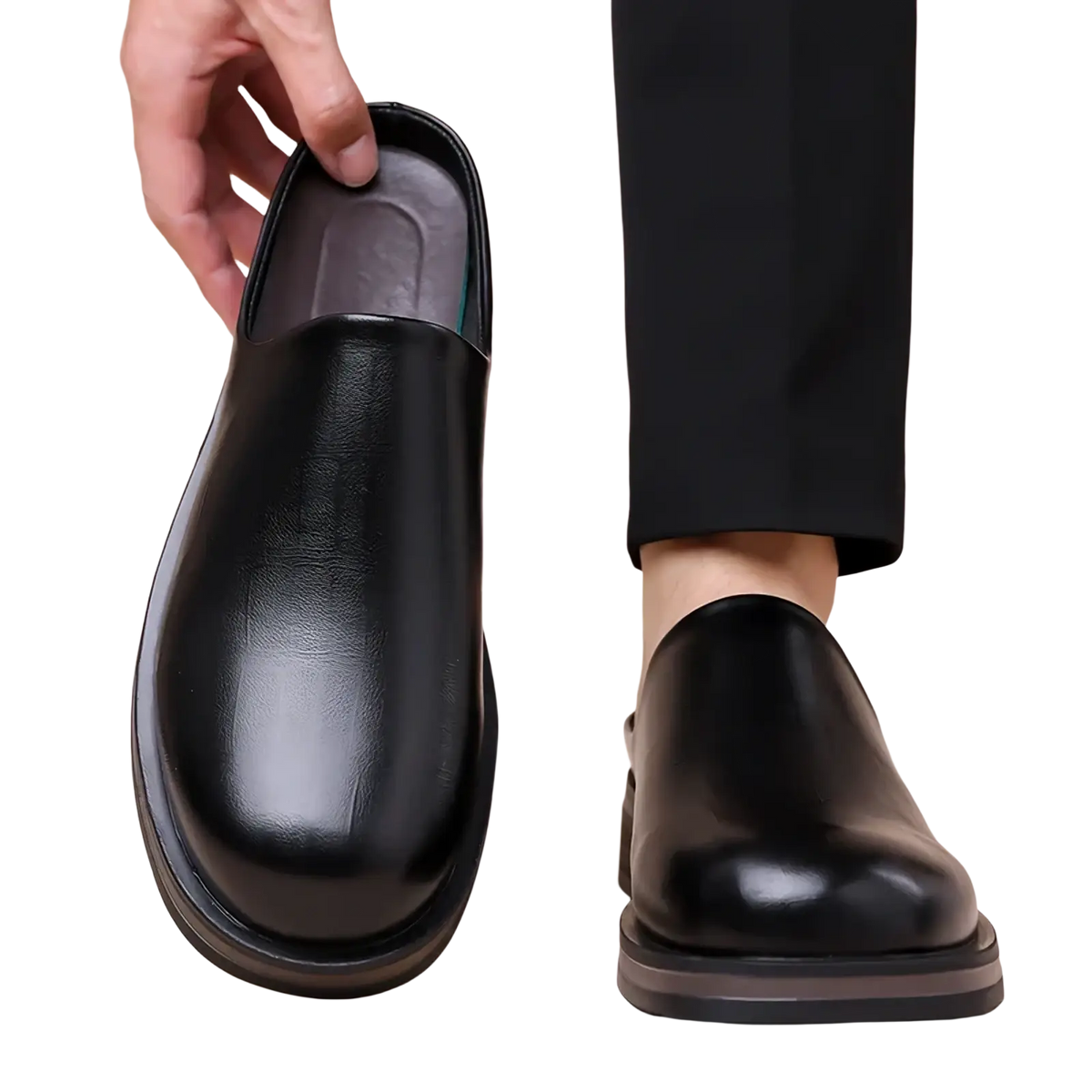 Men genuine leather slip-on mule shoes in black with a thick chunky sole for casual and formal wear