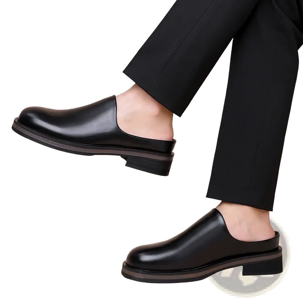 Men genuine leather slip-on mule shoes in black with a smooth polished finish and low block heel