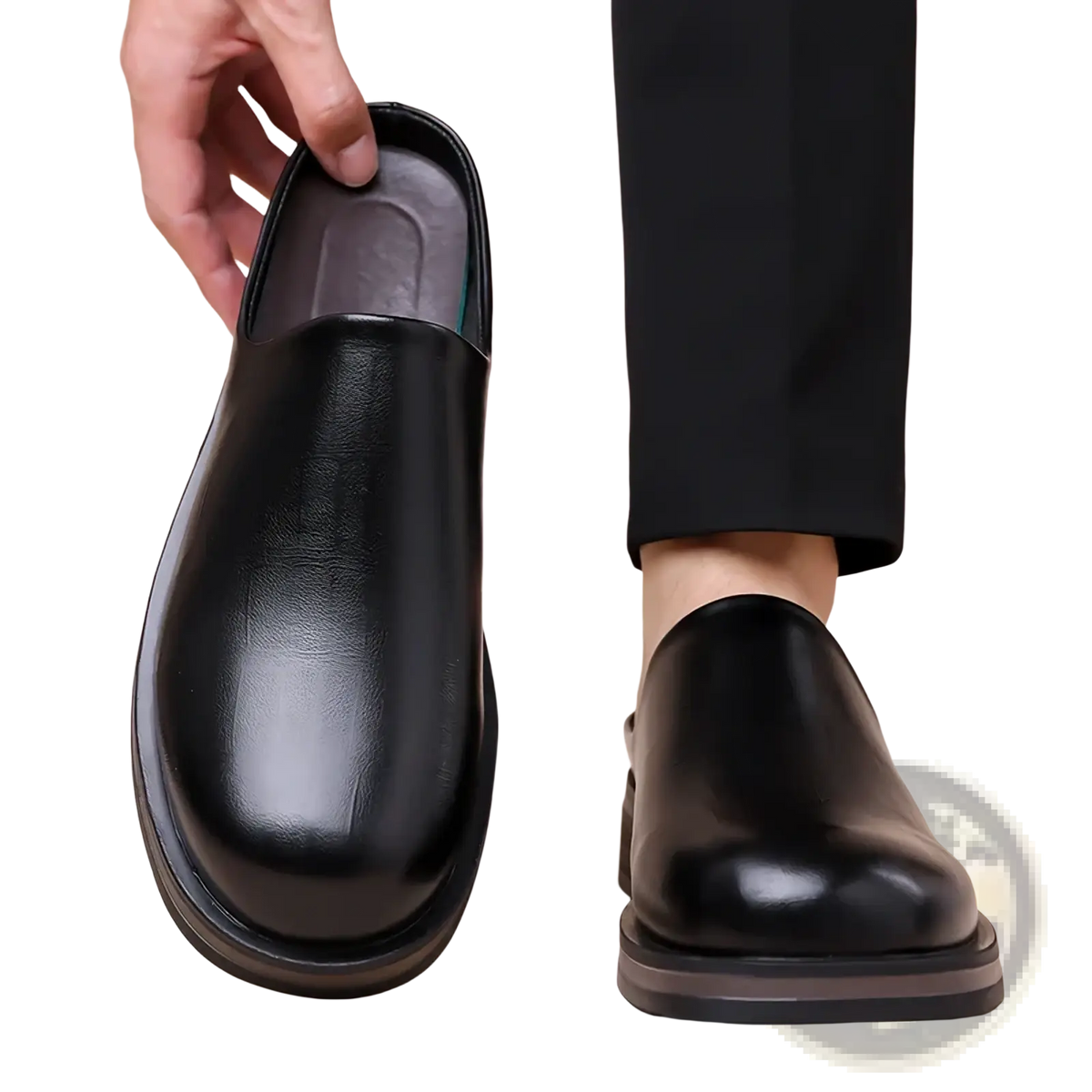 Men genuine leather slip-on mule shoes in black with a thick chunky sole for casual and formal wear