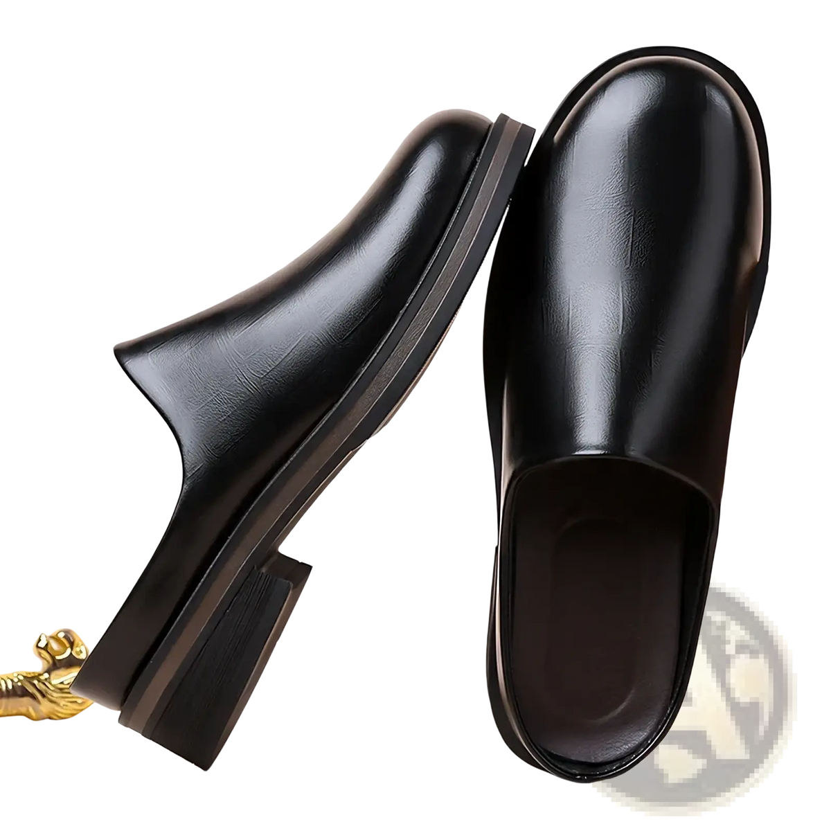 Men genuine leather slip-on mule shoes in black with low block heel and smooth glossy finish