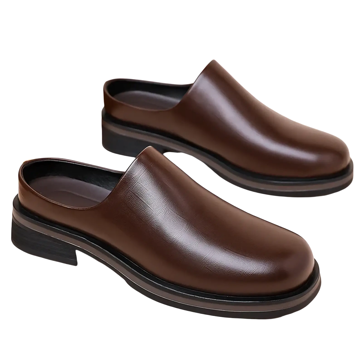 Men genuine leather slip-on mule shoes in brown with a sleek polished finish and black rubber soles