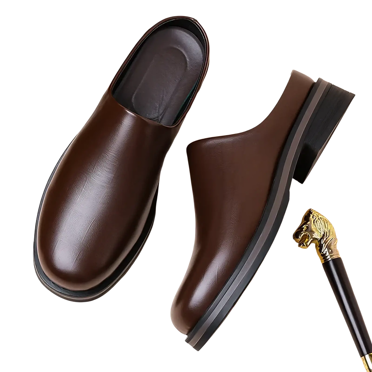 Men genuine leather slip-on mule shoes in brown with polished finish and black rubber soles for casual wear