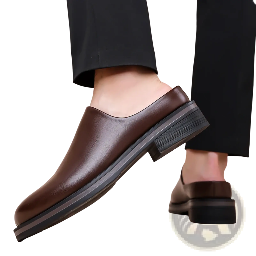 Men genuine leather slip-on mule shoes in brown with a thick black rubber sole for durable casual wear