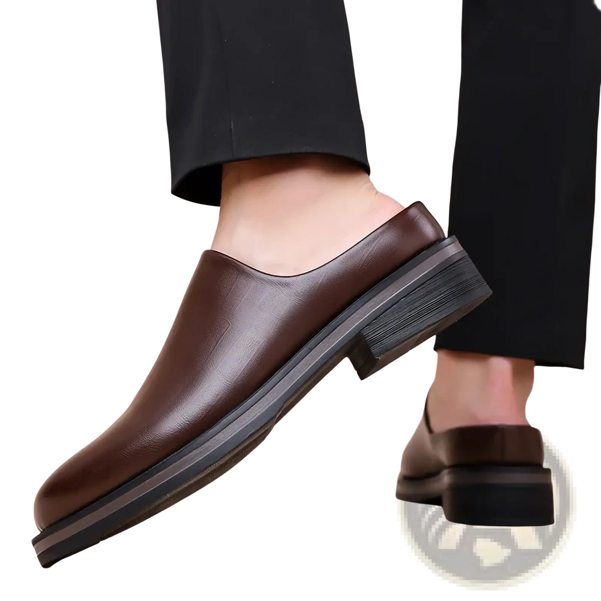 Men genuine leather slip-on mule shoes in brown with a thick black rubber sole for durable casual wear