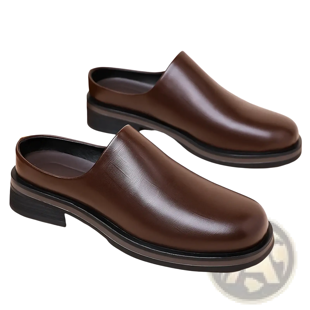 Men genuine leather slip-on mule shoes in brown with a sleek polished finish and black rubber soles