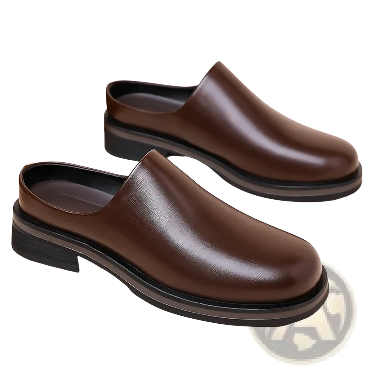 Men genuine leather slip-on mule shoes in brown with a sleek polished finish and black rubber soles