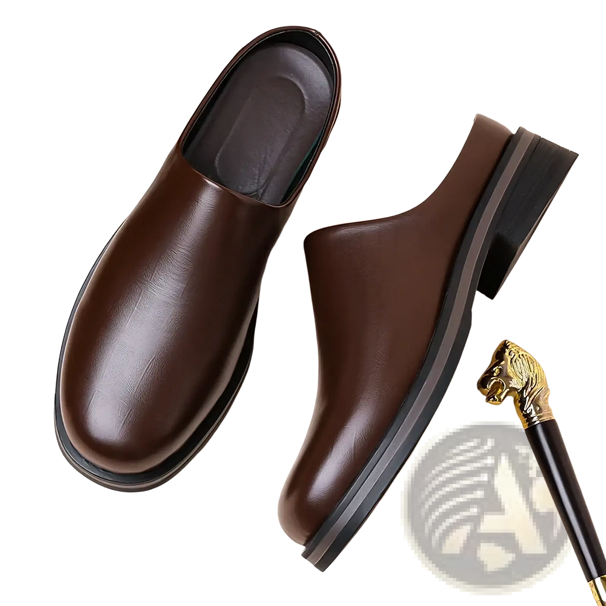 Men genuine leather slip-on mule shoes in brown with polished finish and black rubber soles for casual wear