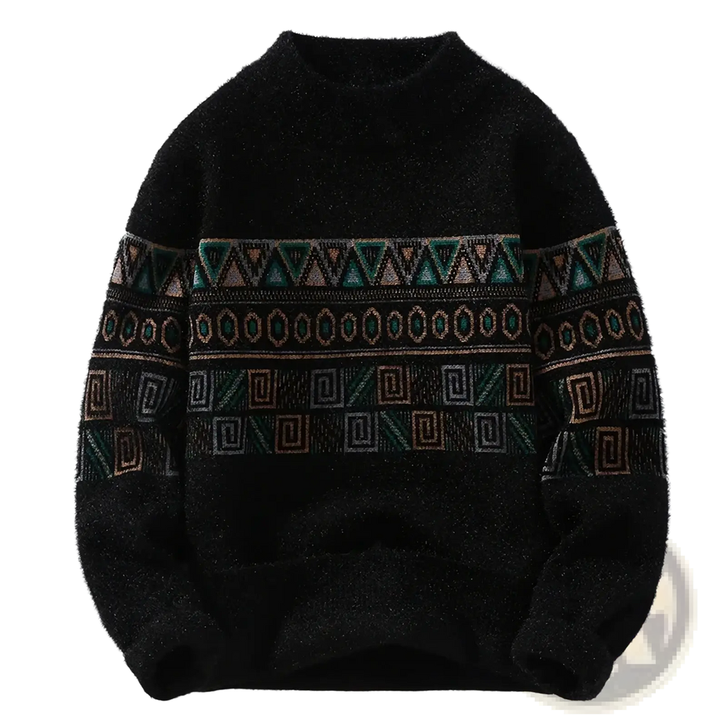 Men geometric knit sweater with thick black fabric and intricate teal brown beige patterns for winter use