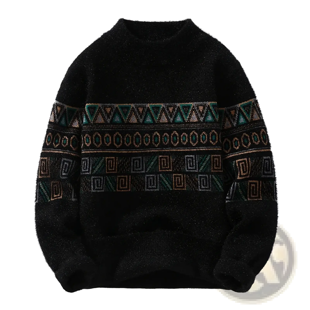 Men geometric knit sweater thick winter pullover in black with fuzzy texture and teal beige dark gray geometric patterns