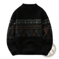 Men geometric knit sweater thick winter pullover in black with fuzzy texture and teal beige dark gray geometric patterns