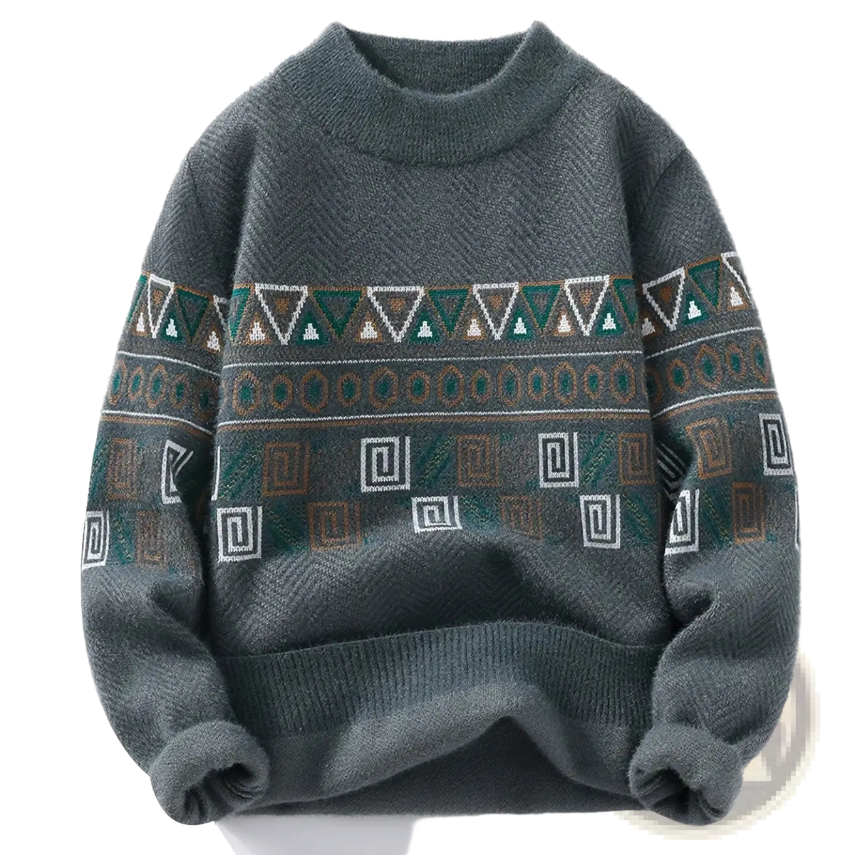 A cozy dark gray knit sweater with a teal white and brown geometric pattern for thick winter pullover use