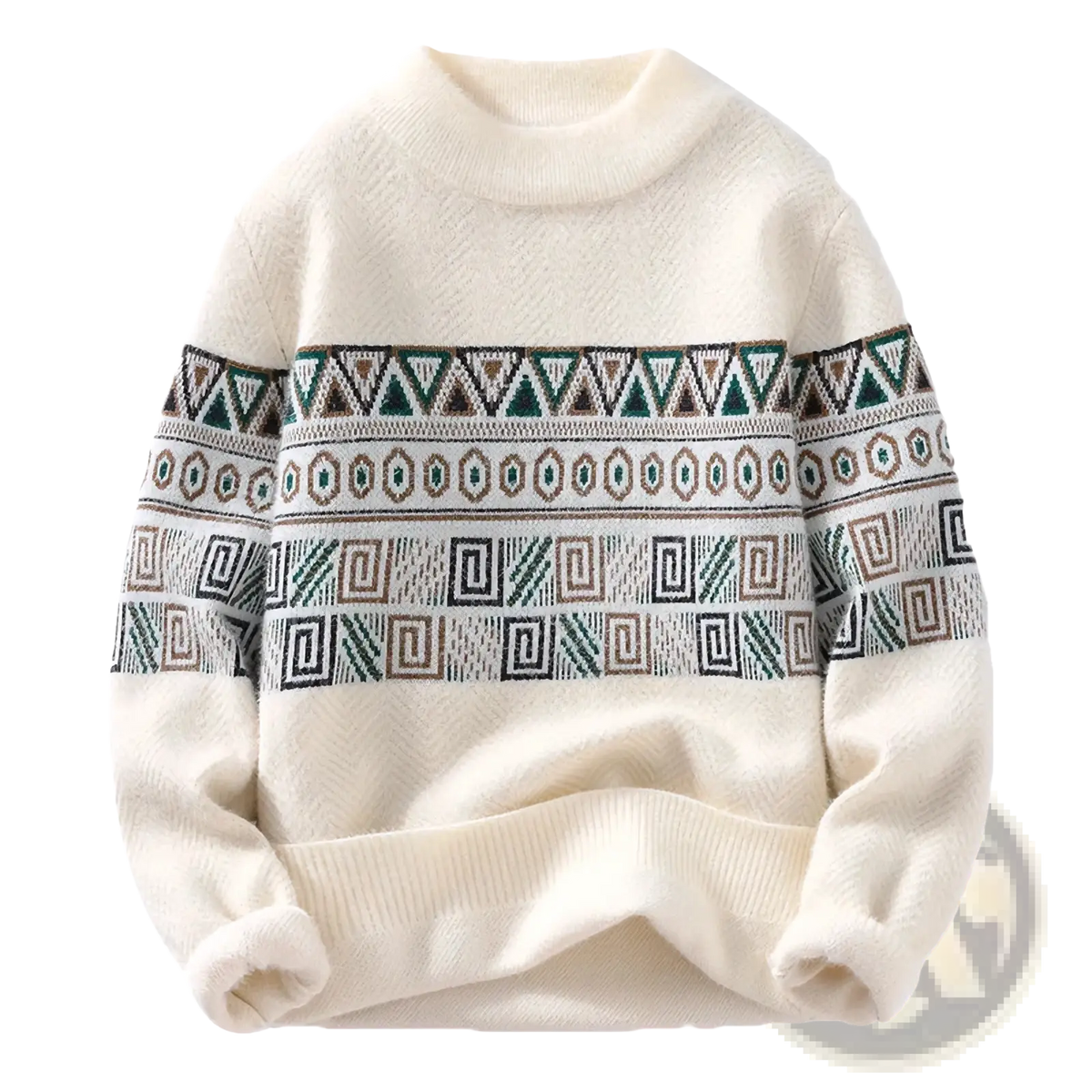 Men geometric knit sweater in cream with intricate green brown and black patterns thick winter pullover