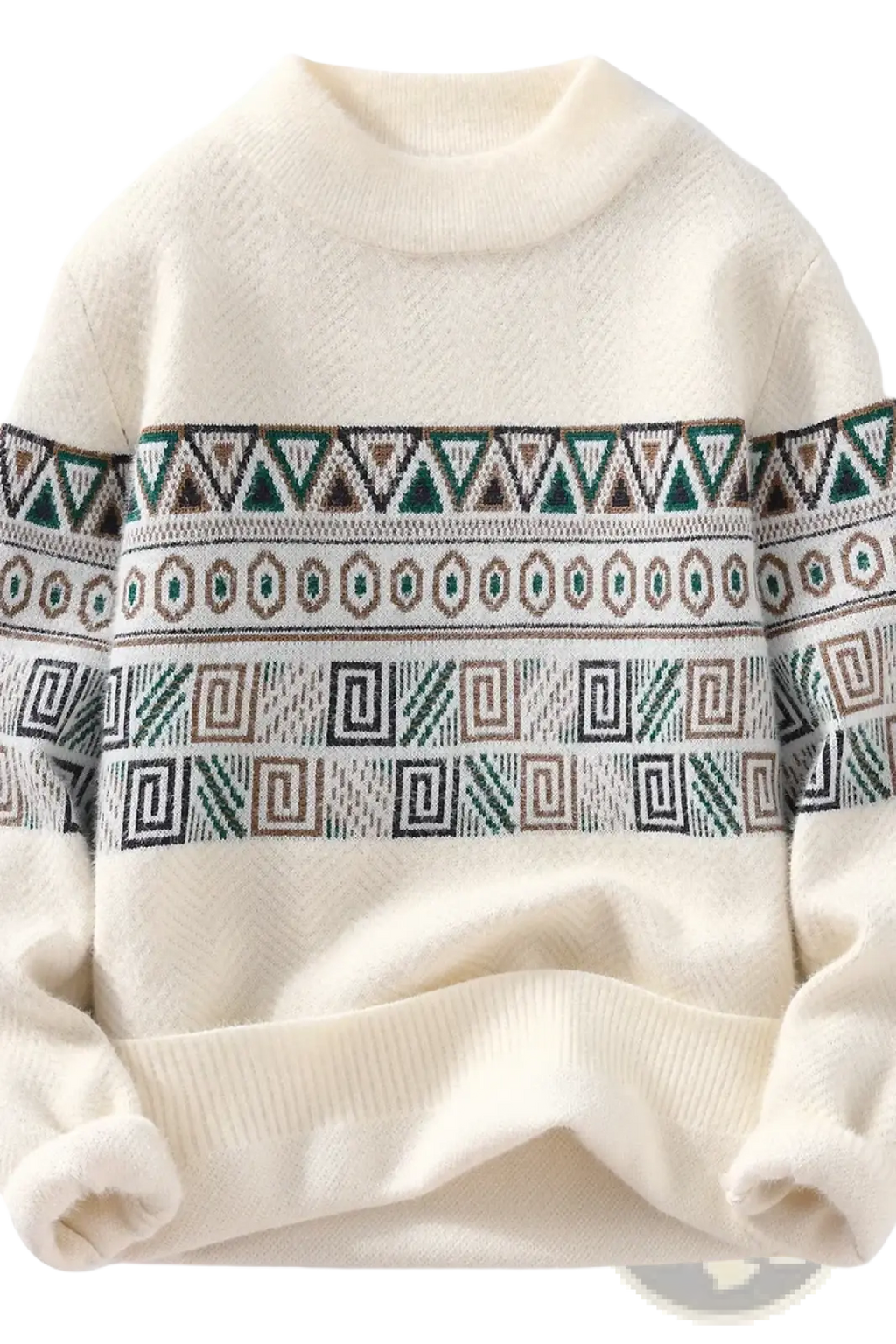 Men geometric knit sweater in cream with green brown and black pattern bands thick winter pullover