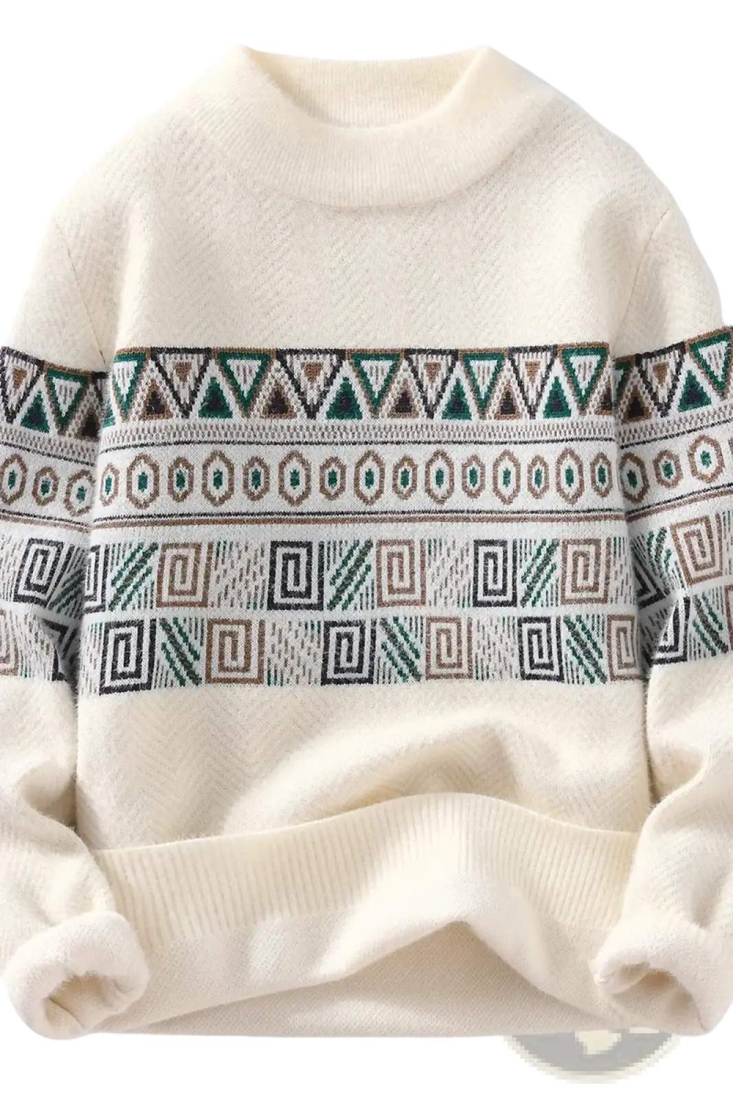 Men geometric knit sweater in cream with green brown and black pattern bands thick winter pullover