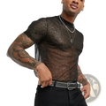 Men glitter mesh t shirt in black sheer mesh with subtle glittery texture and short sleeves for stylish occasions