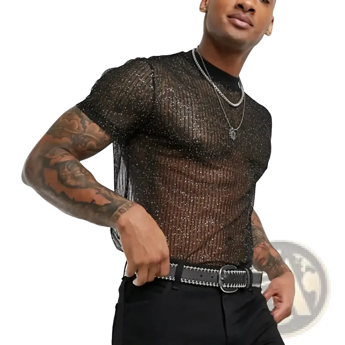 Men glitter mesh t shirt in black sheer mesh with subtle glittery texture and short sleeves for stylish occasions