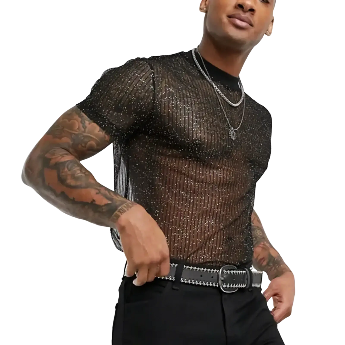 Black sheer men glitter mesh t-shirt with sparkling glitter detailing and short sleeves in see-through fabric