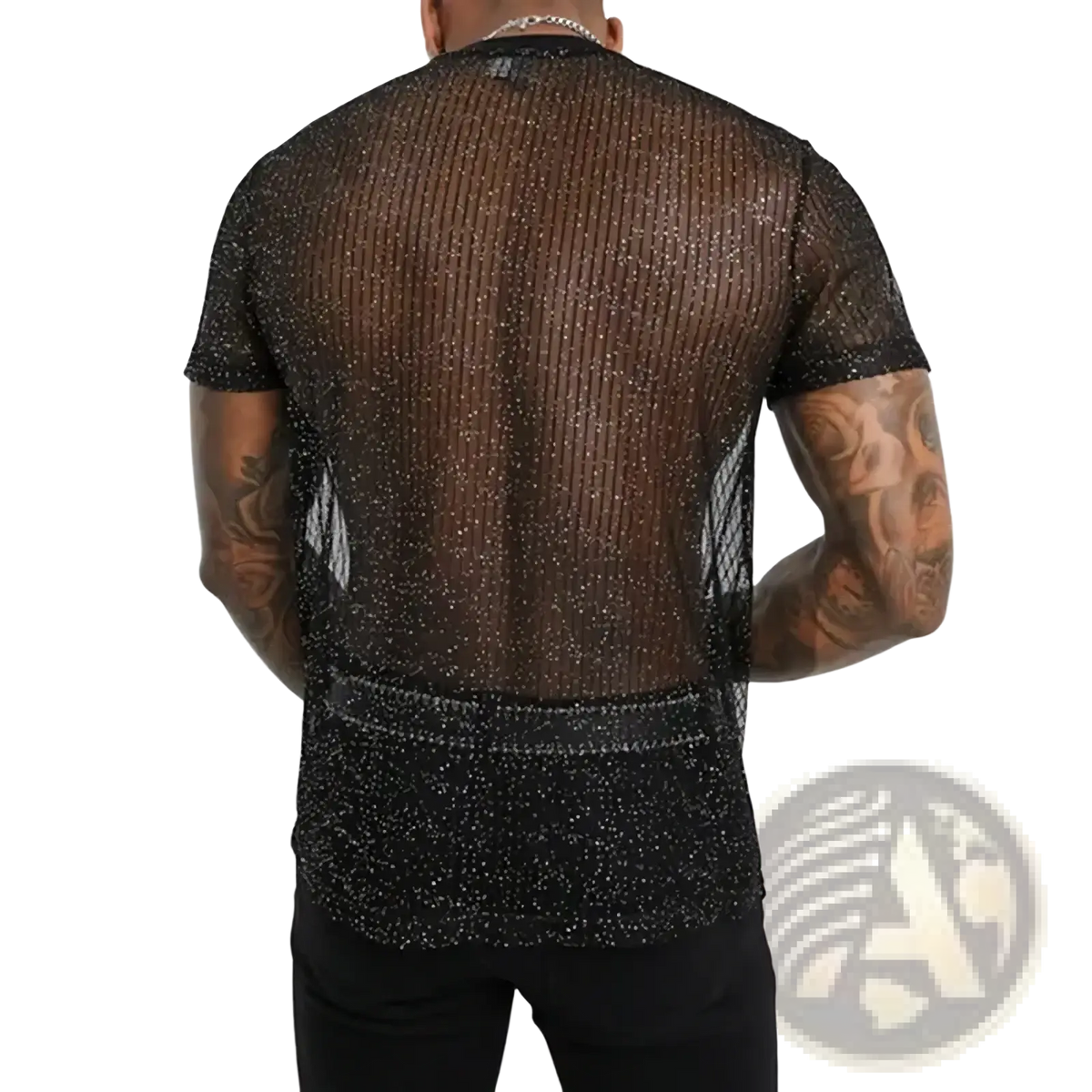 Black sheer mesh men glitter t-shirt with sparkling glitter detailing and short sleeves, see-through design