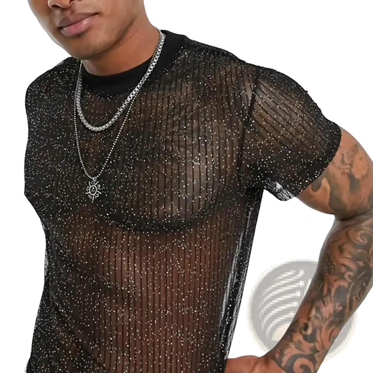 Men glitter mesh t-shirt in black sheer mesh with sparkling silver glitter and ribbed texture short sleeve top