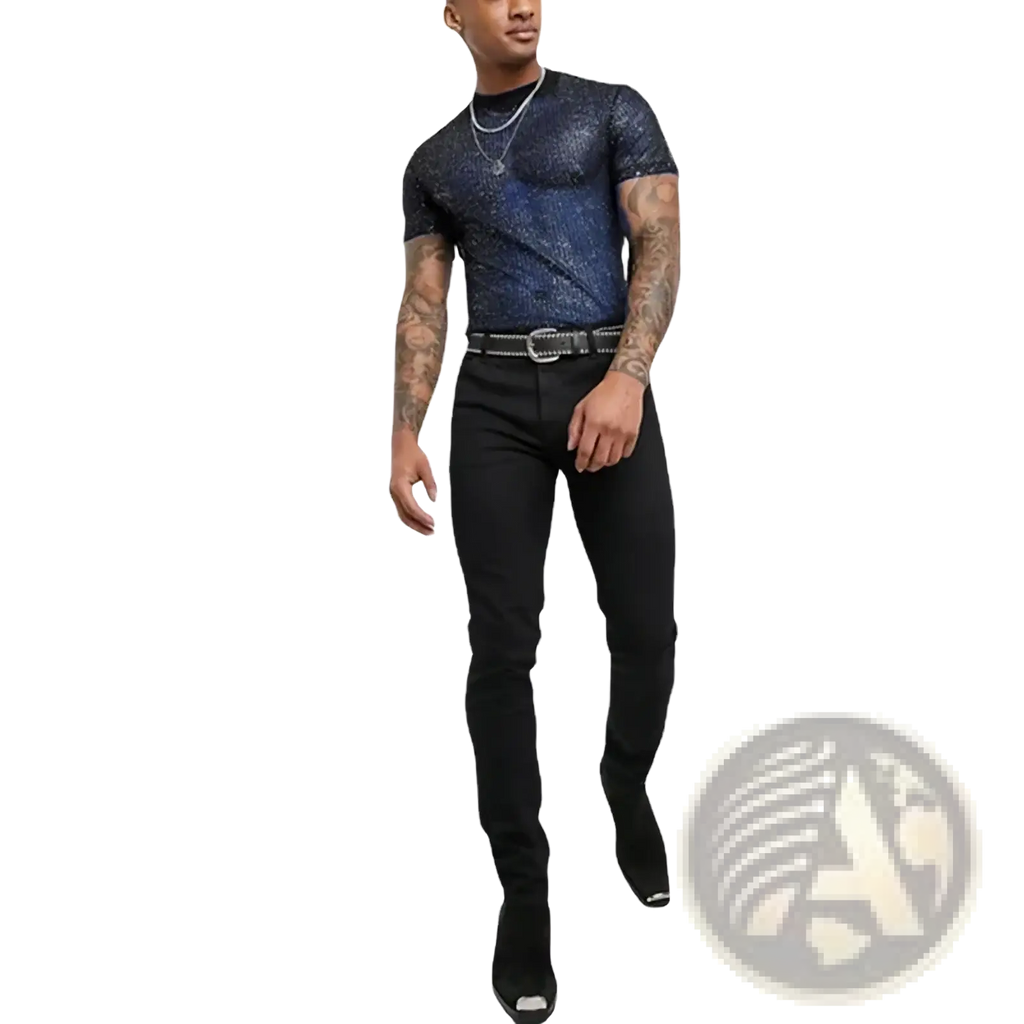 A man wearing a dark blue men glitter mesh t-shirt with an intricate textured see-through short sleeve fabric
