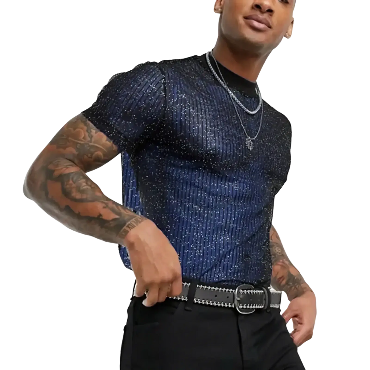 A navy blue men glitter mesh see-through short sleeve top with a ribbed knit texture and shimmering finish