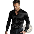 Men glossy black satin button-down dress shirt with sleek finish and classic collar, wrinkle-resistant fabric