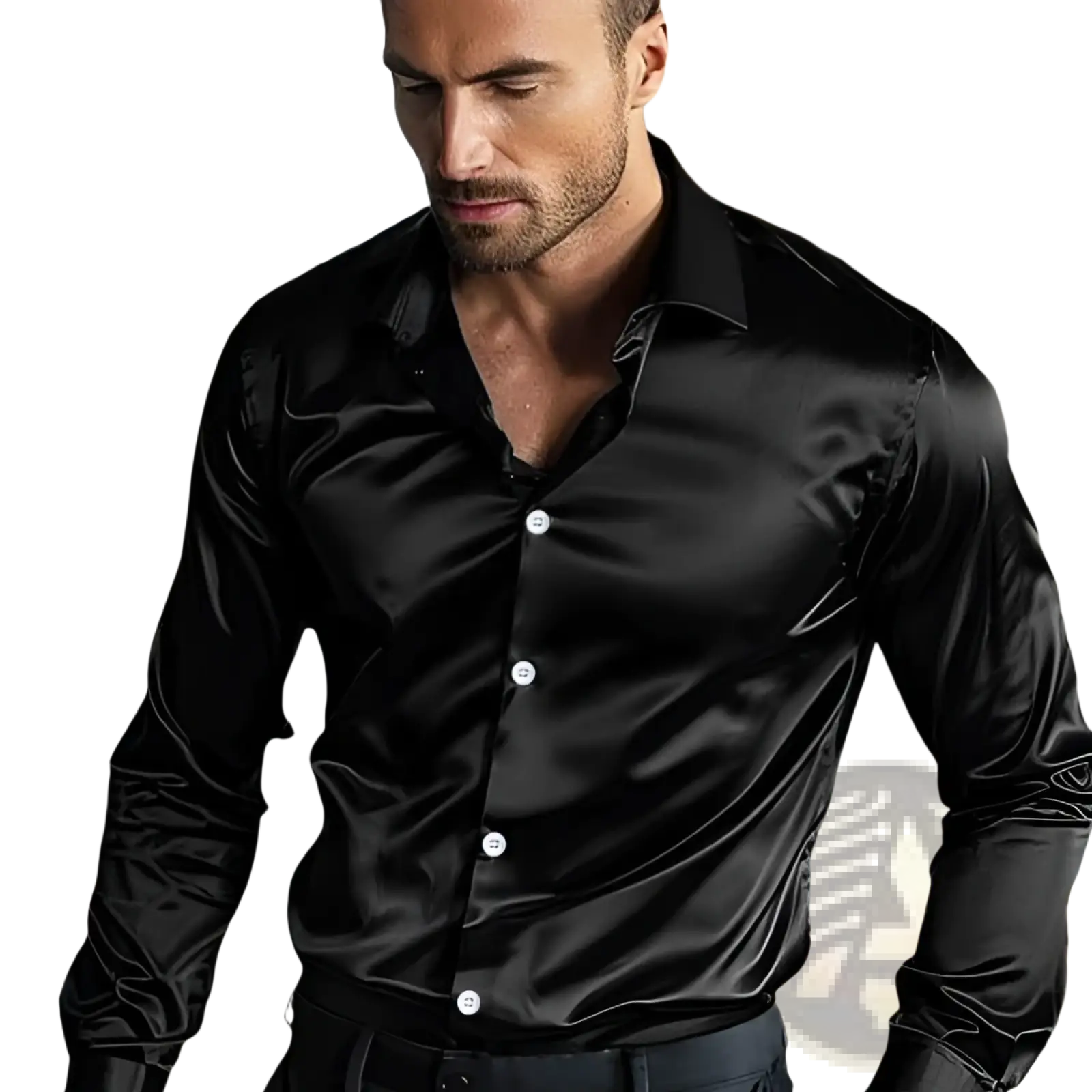 Men glossy anti wrinkle dress shirt in black satin with white buttons for formal and professional wear