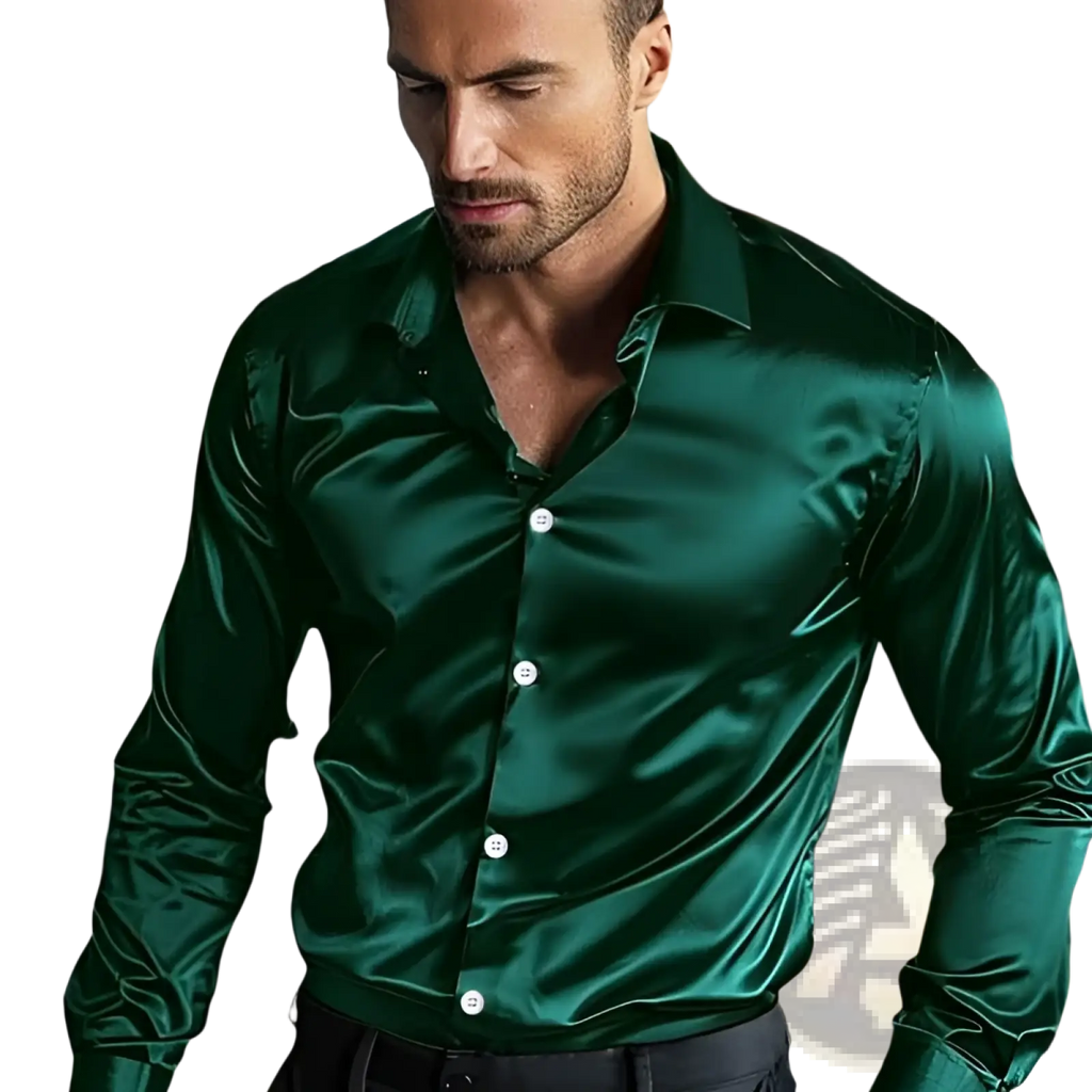Men glossy anti wrinkle dress shirt in deep emerald satin with a sleek glossy finish and crisp collar