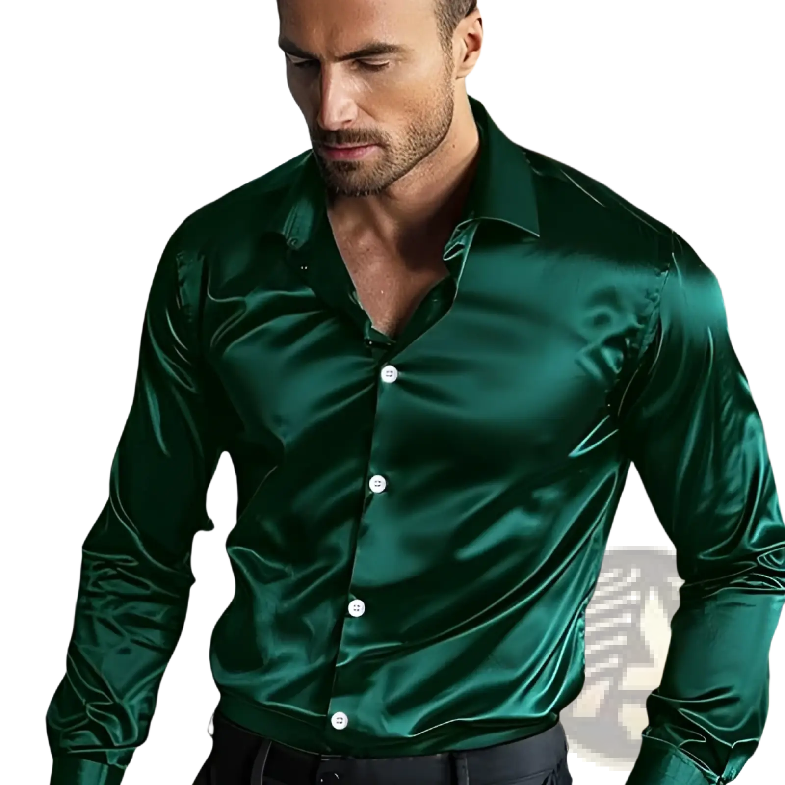 Men glossy anti wrinkle dress shirt in deep emerald satin with a sleek glossy finish and crisp collar