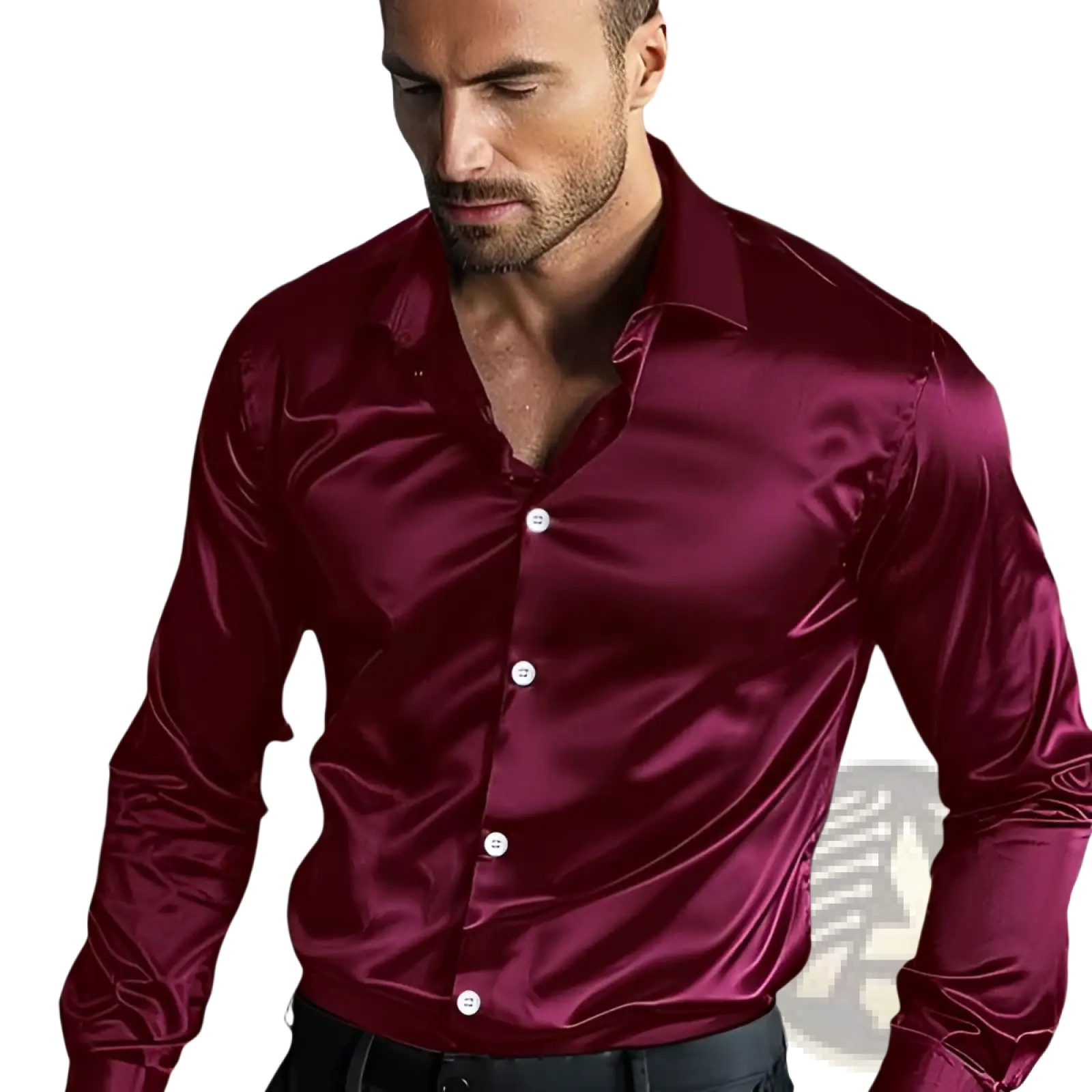 A men glossy anti wrinkle dress shirt in rich burgundy satin with a sleek finish and white buttons
