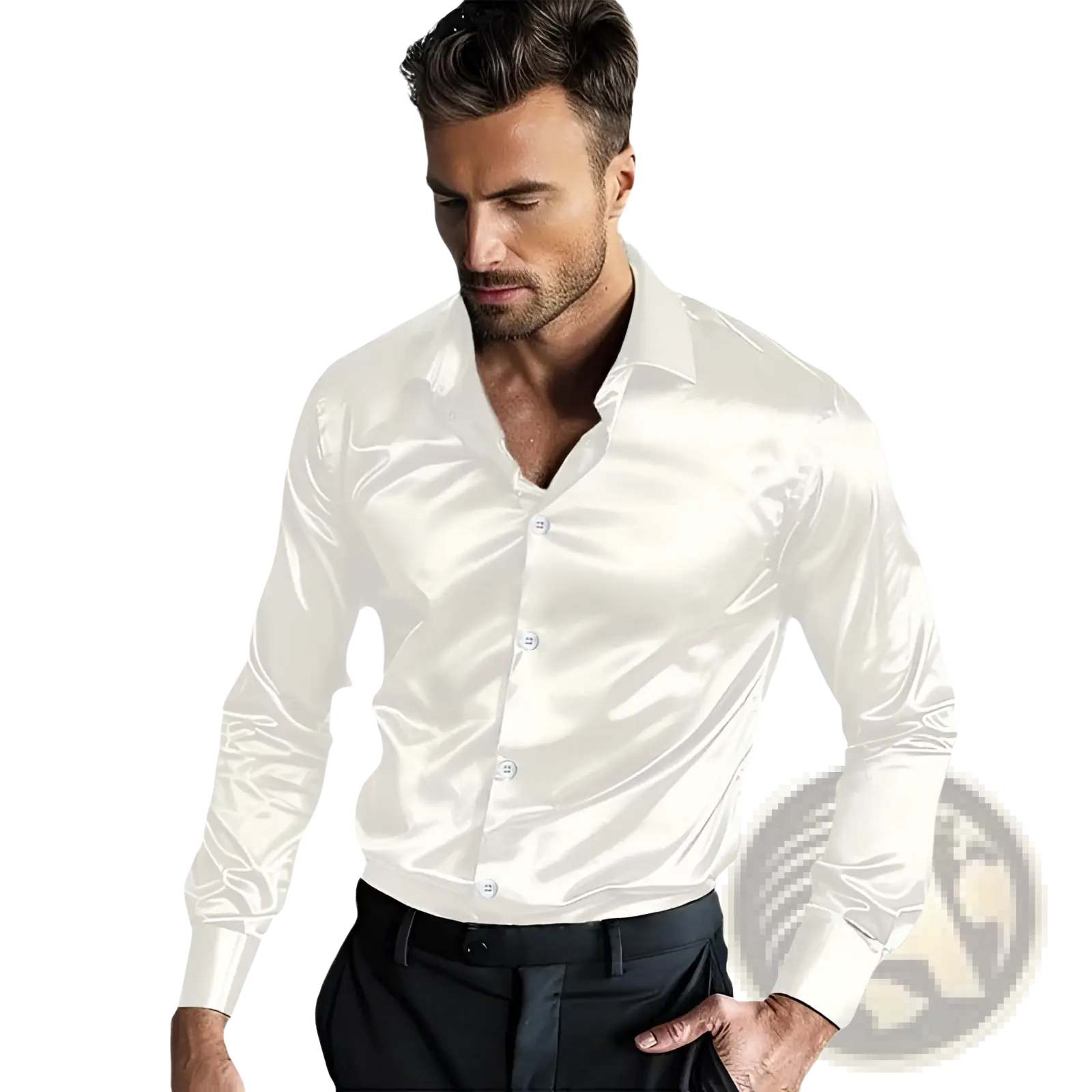 White satin long-sleeve button-down shirt with a classic collar and cuffs for men glossy anti wrinkle dress shirt
