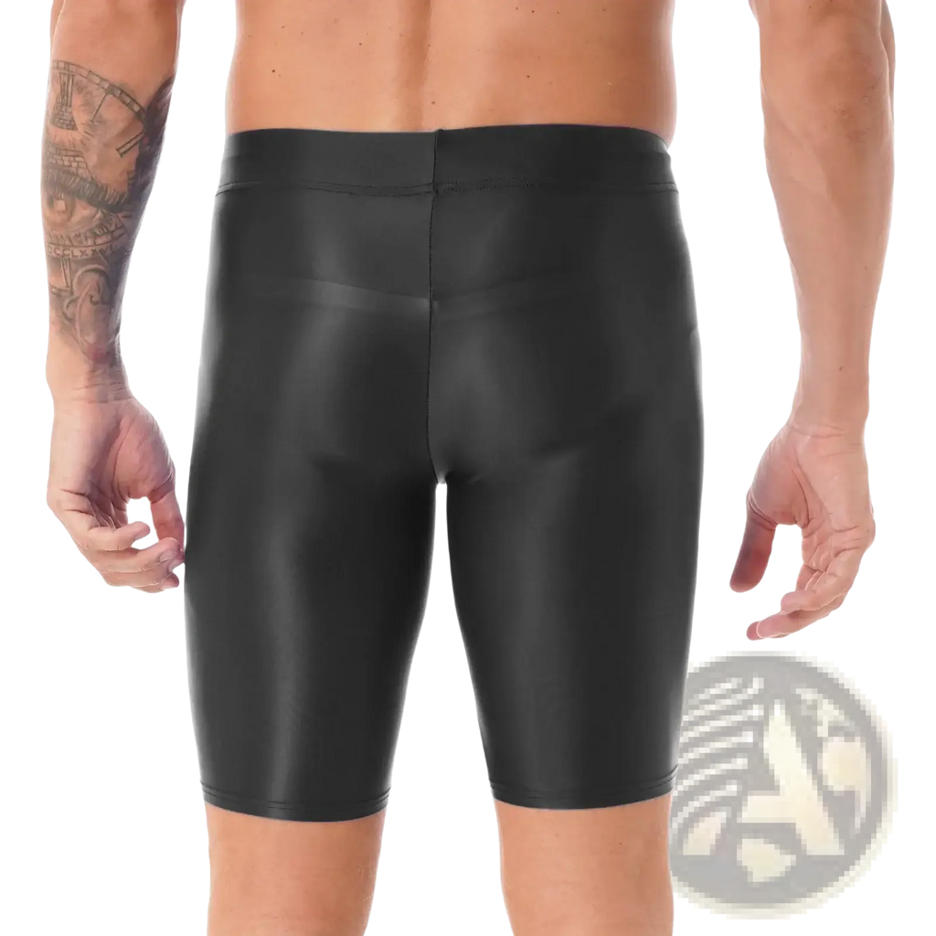 Black glossy-finish swim trunks with a high-waisted design complementing the men glossy long sleeve compression shirt