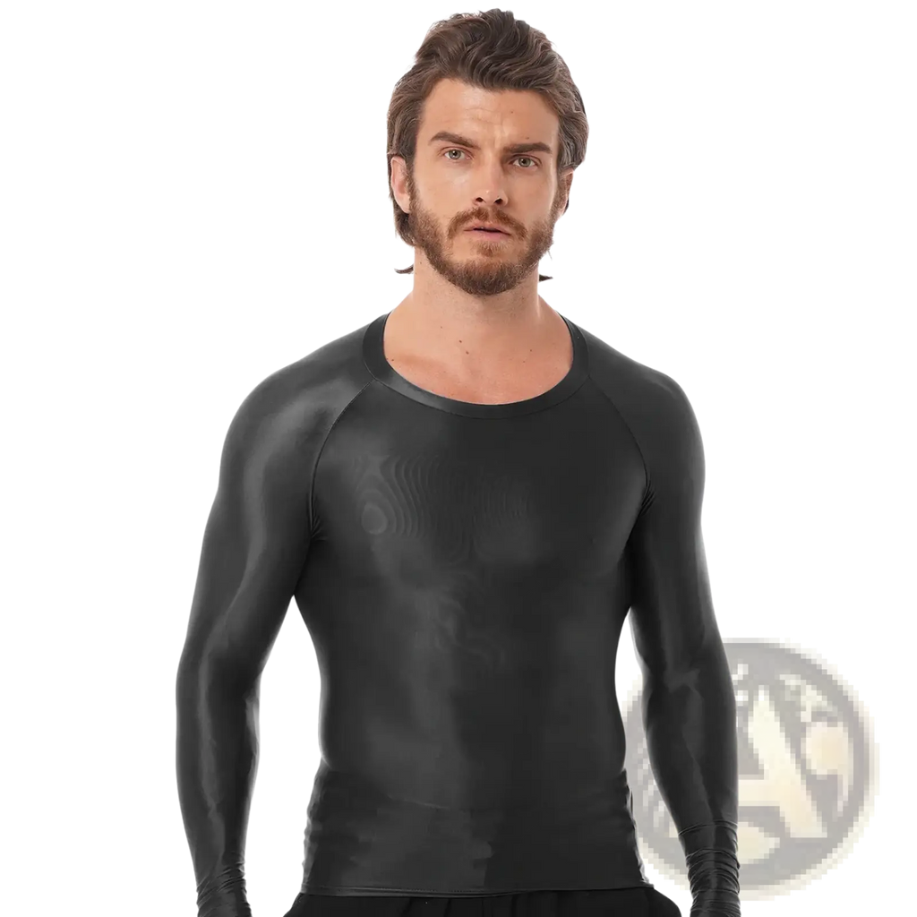 Men glossy long sleeve compression shirt in black glossy latex with crew neck for performance wear