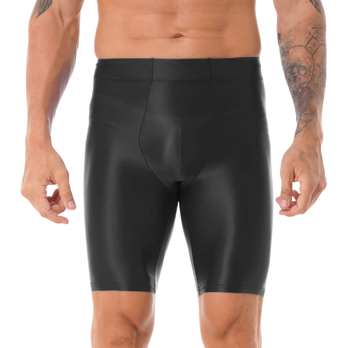 Black shiny form-fitting men’s compression shorts with high-waisted design featured alongside men glossy long sleeve compression shirt