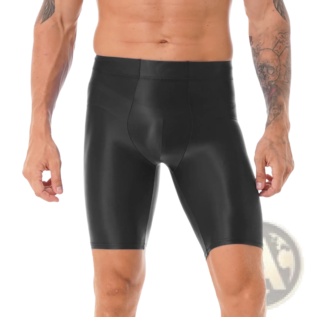 Black shiny form-fitting shorts made of smooth glossy material paired with men glossy long sleeve compression shirt