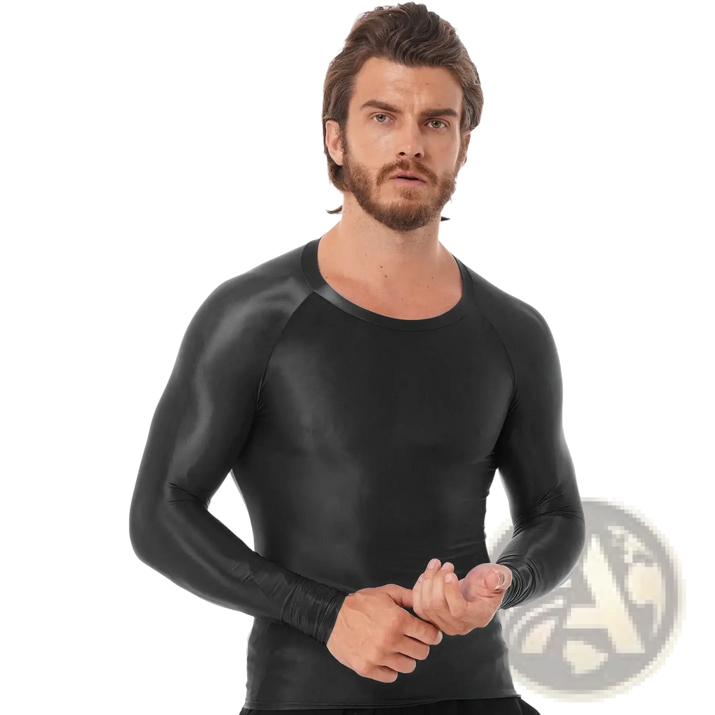 Men glossy long sleeve compression shirt in black featuring a round neckline and raglan sleeves made of glossy fabric
