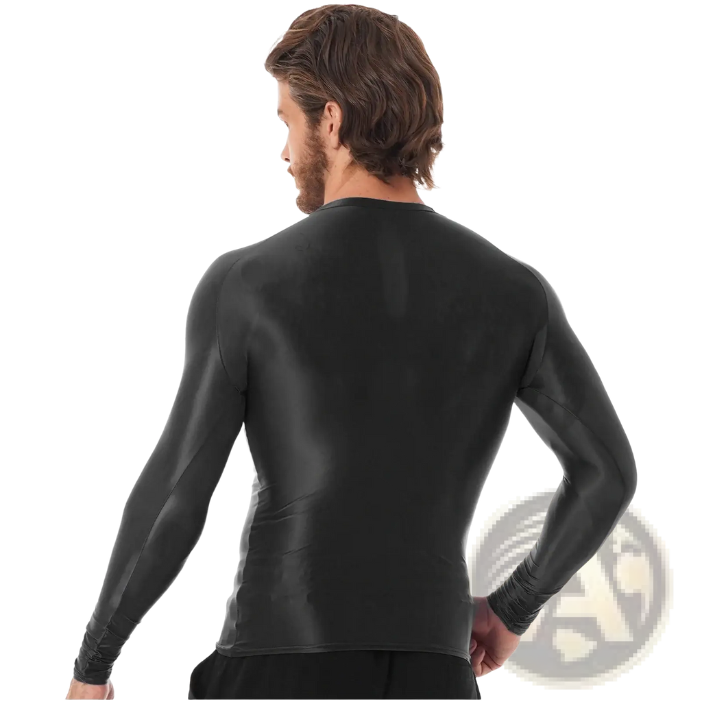 Men glossy long sleeve compression shirt in black featuring a snug fit and subtle seam detailing on glossy fabric