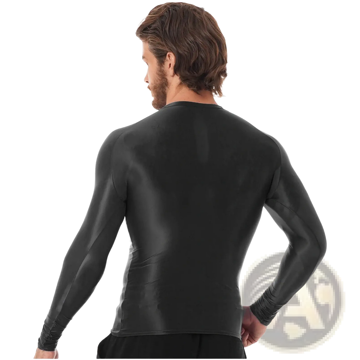 Men glossy long sleeve compression shirt in black featuring a snug fit and subtle seam detailing on glossy fabric