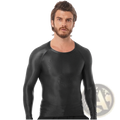 Men glossy long sleeve compression shirt in black glossy latex with crew neck and athletic fit