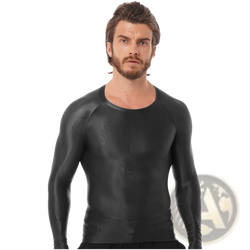 Men glossy long sleeve compression shirt in black glossy latex with crew neck and athletic fit