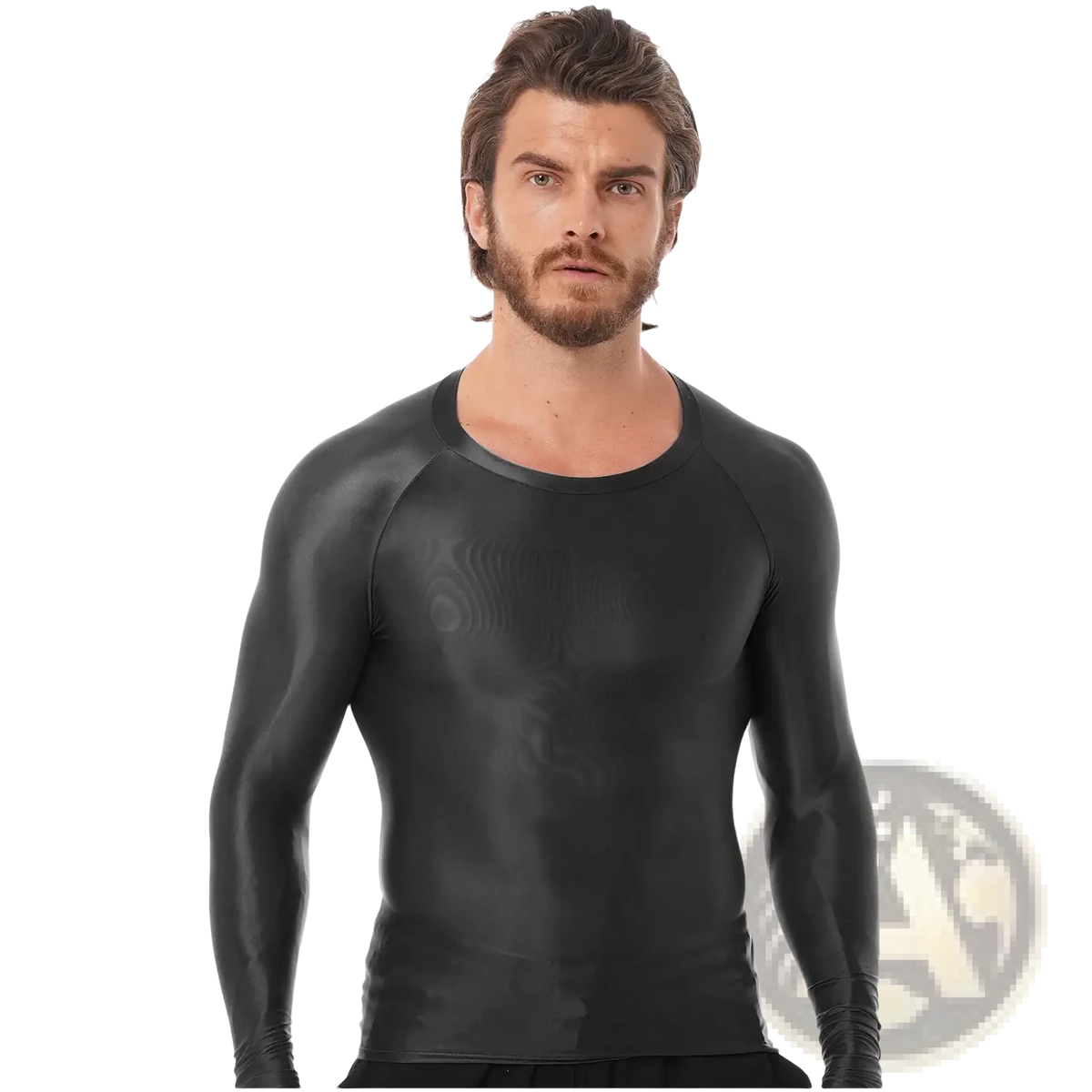 Men glossy long sleeve compression shirt in black glossy latex with crew neck and athletic fit