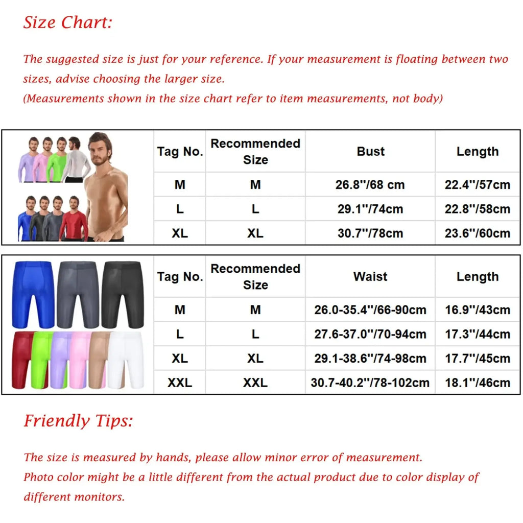 Colorful form-fitting compression shorts in pink green and black paired with men glossy long sleeve compression shirt
