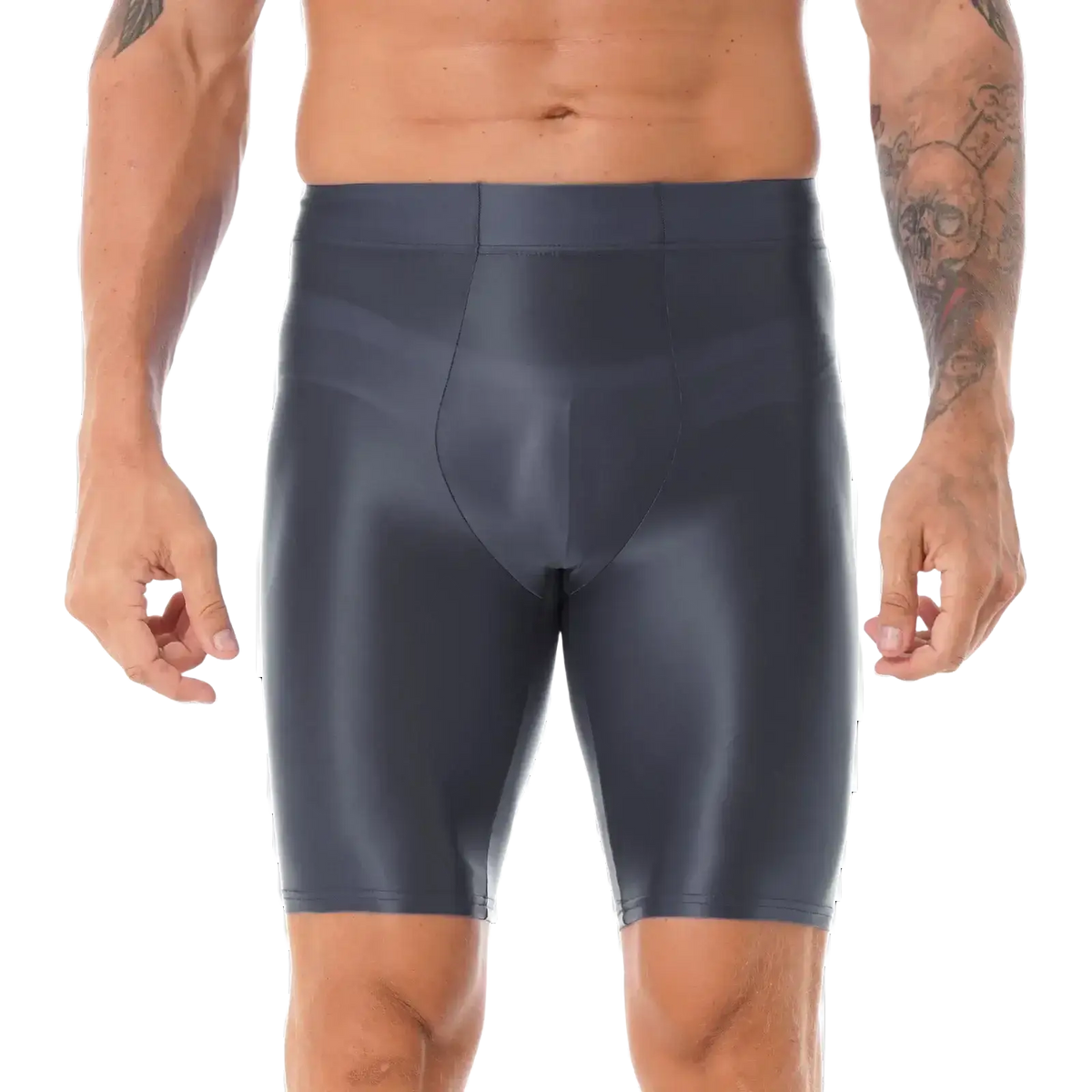 Dark gray form-fitting men’s compression shorts with smooth shiny fabric complementing a glossy long sleeve compression shirt
