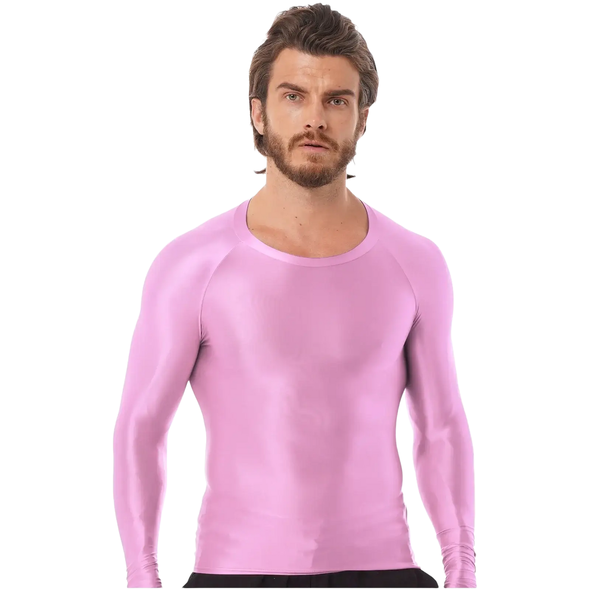 A sleek men glossy long sleeve compression shirt in pink with ribbed cuffs and a round neckline