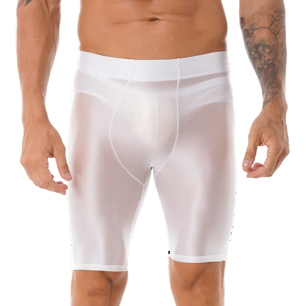 White sheer mesh men’s briefs with smooth elastic waistband shown alongside men glossy long sleeve compression shirt